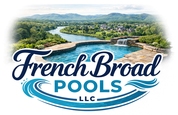 A French Broad Pools custom fiberglass pool with a stone waterfall, overlooking the French Broad River near Knoxville, TN